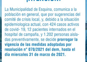 Esquina continúa con las medidas restrictivas hasta el 31 de marzo