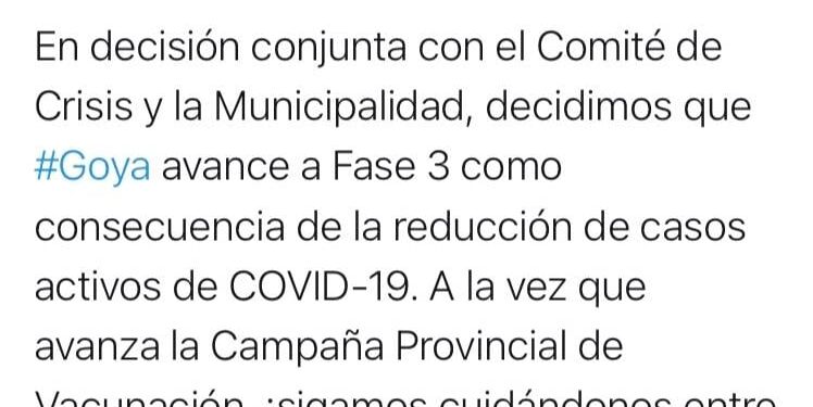 CORONAVIRUS: Goya pasa a fase 3