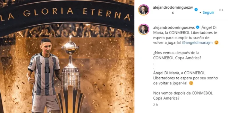Conmebol invitó a Di María a jugar la Copa Libertadores: "Te espera para cumplir tu sueño"