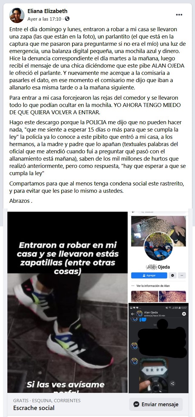 Esquina: Denunció que un ladrón está vendiendo sus cosas por facebook
