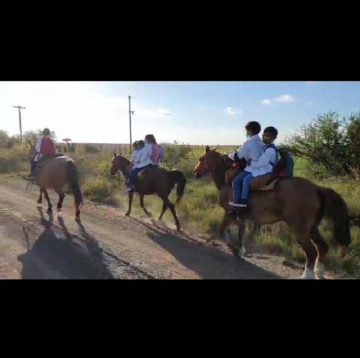 Se hicieron viral los niños que van a la escuela con barbijo y a caballo