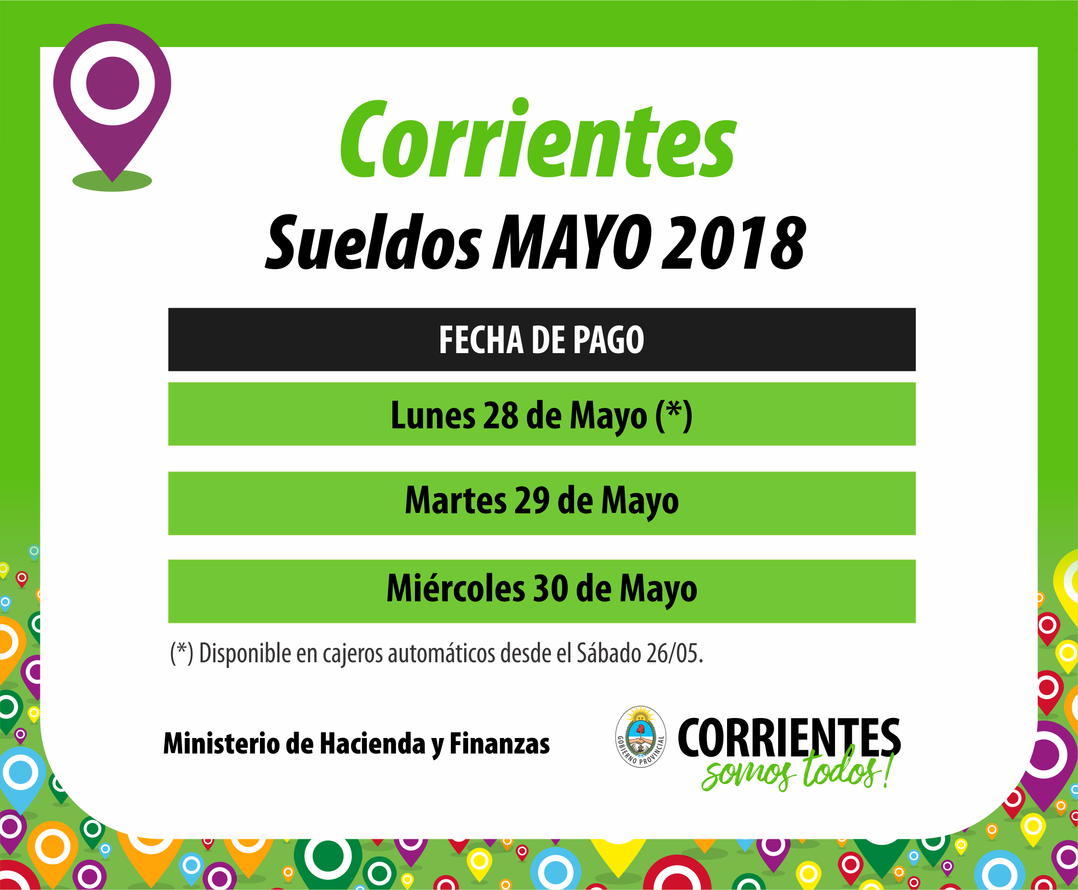Provincia paga sueldos desde el lunes 28